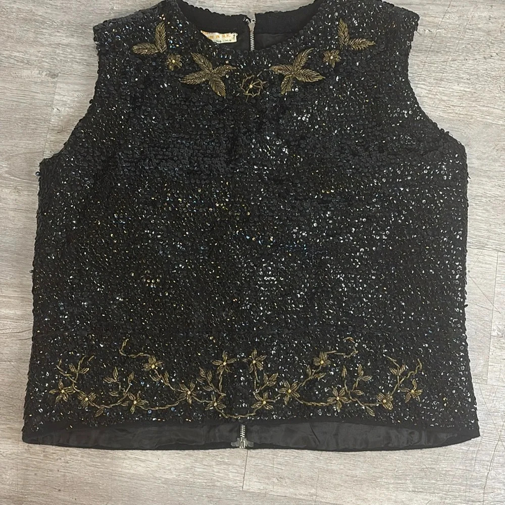Vintage Black Beaded Crop Top Art Deco Gatsby Y2K Party Statement Back Zip